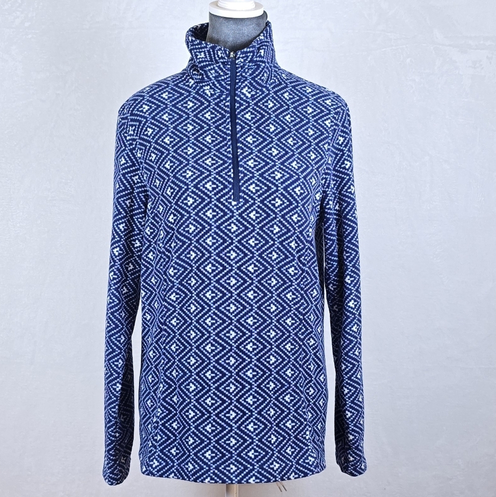 Lands' End Blue Geometric Fair Isle Fleece Pullover Preppy Winter Chic Sz.Small